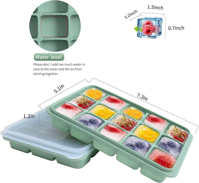Tvmania Ice Cube Trays Set of 2, 15-Cube Silicone Molds with Removable Lids | Stackable, easy release, BPA-free, reusable, for freezer and whiskey