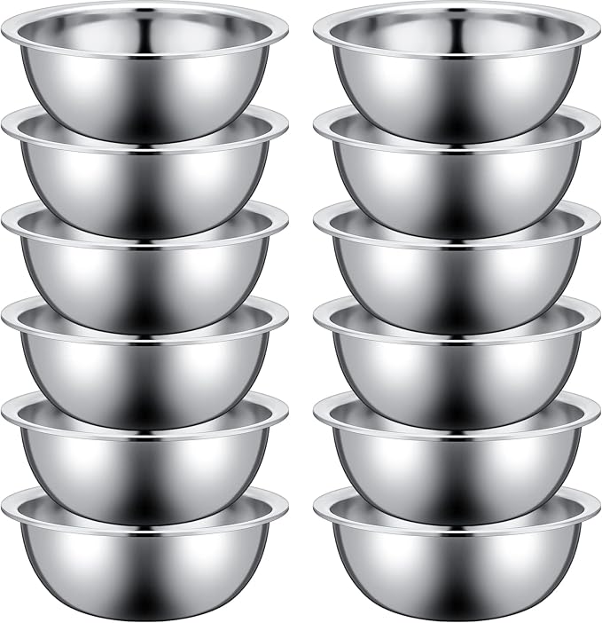 Pinkunn 12 Pcs Stainless Steel Mixing Bowls, Nesting Metal Salad Prep Bowls Bulk Reusable Baking Food Container Large Medium Small for Kitchen Hotel Restaurant Cooking, Silver (9.45 x 3.15 Inch)