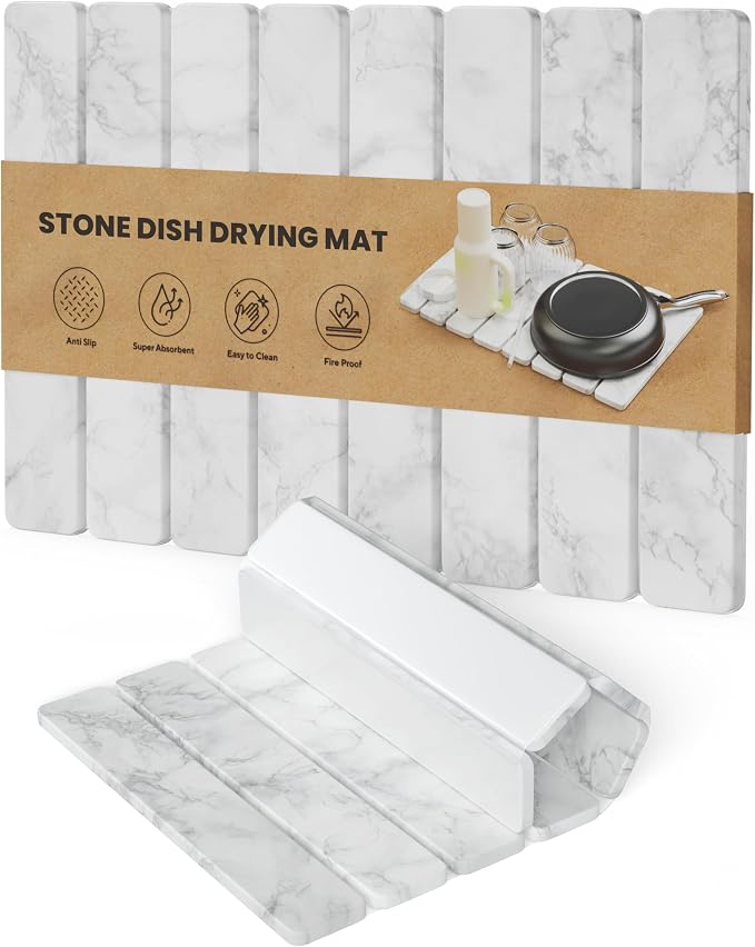 Stone Drying Mat for Kitchen Counter - Collapsible Diatomaceous Earth Dish Drying Stone - Fast Absorbent Stone Dish Drying Mat for Dishes and Pots (White Marble)