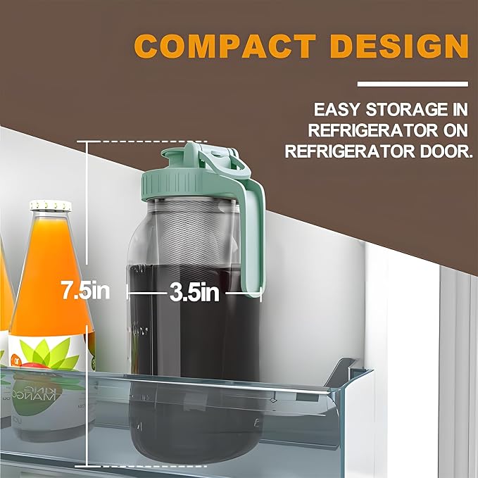 Cold Brew Coffee Maker, 32 oz Glass Mason Jar Pitcher | 100μm stainless steel filter, wide mouth design, leak-proof lid with handle, pour spout for iced coffee, tea and cold drinks