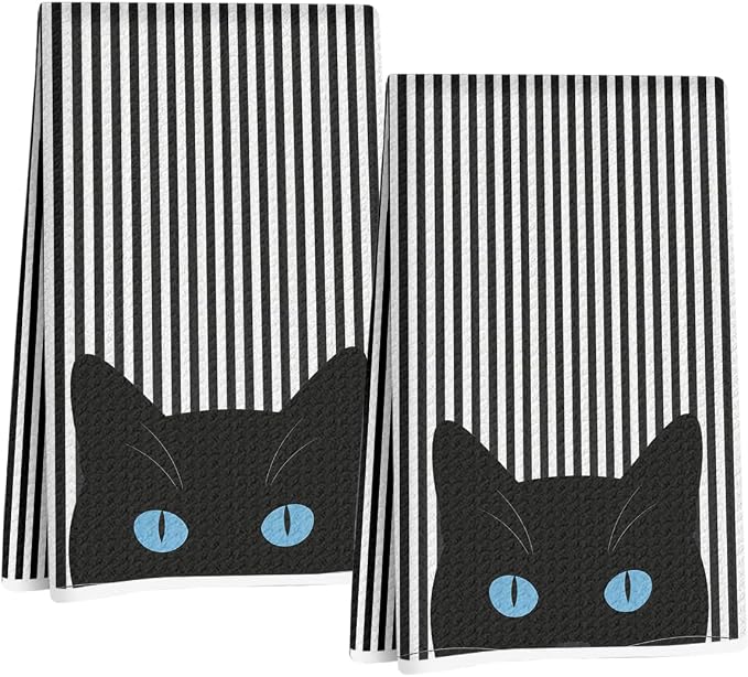 Jztco 2 Pcs Cat Kitchen Towels 24x14 Inch, Cats Gifts Reusable Hand Towels | Cat Lover Gifts for Women Mom Microfiber Dish Cloths for Dishes, Waffle Dish Towels for Kitchen Home Bathroom Decor