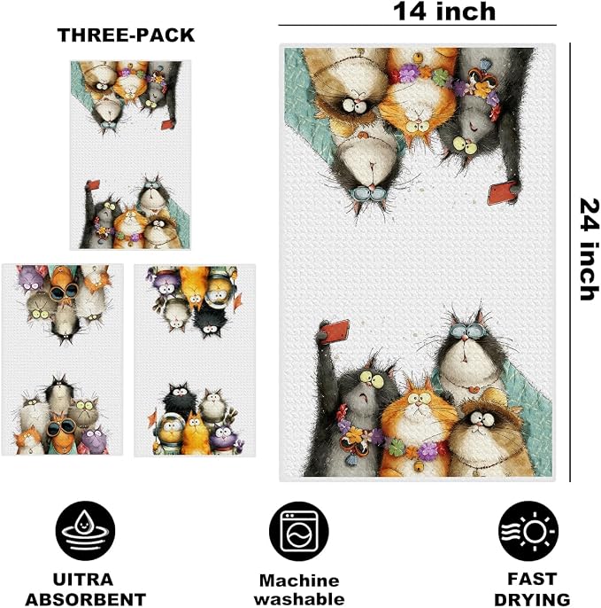 3 Pcs Cute Cat Kitchen Towels, Funny Cats Gifts Absorbent Hand Towels-01 | Cat Dish Cloths for Drying Dishes, Cats Waffle Dish Towels for Kitchen Home Bathroom Decor, Cat Lover Gifts for Women Mom