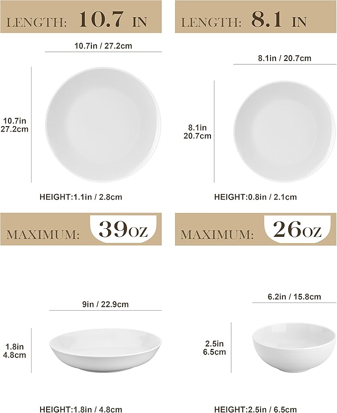 MALACASA 24-Piece Porcelain Dinnerware Set, White Round Dish Set for 6 | Modern Serving Plates and Bowls Sets for Dessert, Salad, Soup, Pasta, Microwave & Dishwasher Safe - Series AMELIA