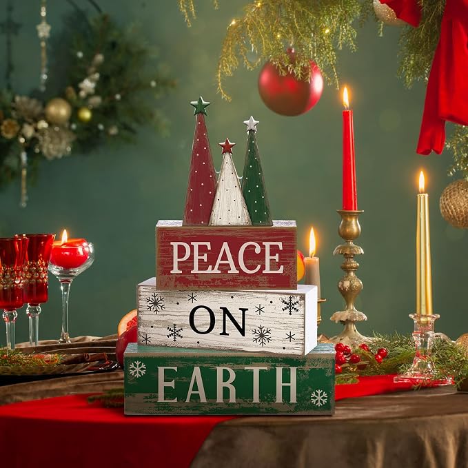 Lineshading 4 Pcs Christmas Table Decoration Wooden Christmas Tree Signs | Stackable Wooden Signs with Tree Topper for Tiered Tray, Rustic Tabletop Mantel Decor, Farmhouse Holiday Gift Accent