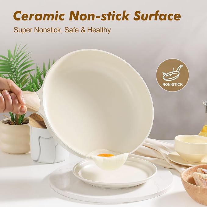 SENSARTE 11inch Ceramic Nonstick Frying Pan Skillet with Lid, White | Non Stick Omelet Pans, Non-toxic Healthy Kitchen Cooking Chefs Pan, PFOA/PFAS/PTFE Free, Induction Compatible