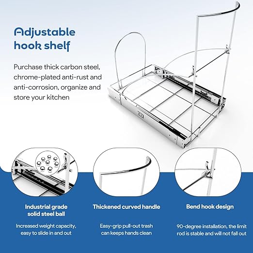 Pull Out Trash Can Under Cabinet & Under Sink, Heavy Duty Slider Organizer | Adjustable Cabinet Garbage Can Rack, Fits 30-40Qt Bins, Requires 13"W x 18"D Cabinet Opening, Chrome Finish, Can Not Included