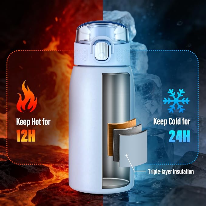 Insulated Water Bottle 12 oz with Dustproof Lid, Carry Handle & Tea Infuser, BPA-Free & Leakproof, Stainless Steel Water Bottles Ideal for Fitness, Hiking, Office & Outdoor Use （Light Blue ）