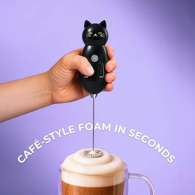 Cat-Shaped Frother Mixer – Cutesy Frother, Meet Your New Frothing Buddy Midnight The Cat, Adoption Papers and Stickers Included, Purrr-fect for Lattes, Cappuccino & Matcha – Black
