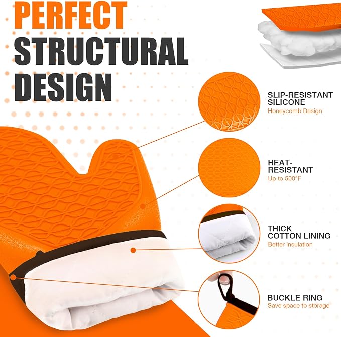 Silicone Oven Mitts, Heat Resistant 2PCS Oven Mitts with Soft Cotton Lining, Waterproof Non-Slip Grip Oven Glove, Kitchen Potholder Mits for BBQ, Baking, Cooking, 12.5 Inch - Orange