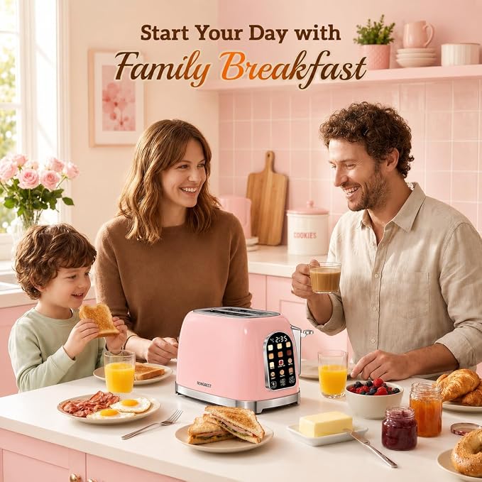 RONGBEST Retro Toaster 2 Slice Stainless Steel with Wide Slot Touchscreen for Breakfast Bagel & Bread, Reheat & Defrost, 6 Browning Levels, Removable Crumb Tray, Blush Pink
