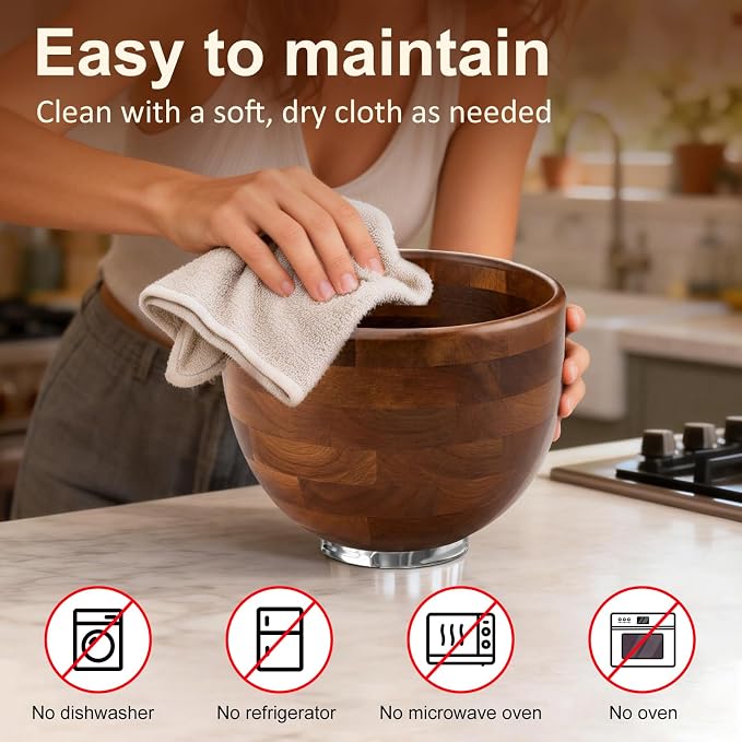 Wood Mixing Bowl Suitable for 4.5-5 QT Tilt-Head Stand Mixers - Natural Wooden Kitchen Accessory - Fits K45 KSM150 Series Natural Wood Mixing Bowl with Steel Locking Base