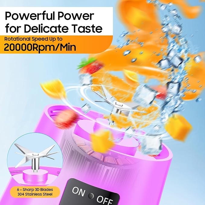 Portable Personal Size Mini Blender - 2026 New Upgrade Smoothies Blender | Small Blender with 380Ml Traveling BAP Free Cup for Sports/Home, 6 Blades Easily Squeeze Fresh Juice, 20000Rpm/Min Speed