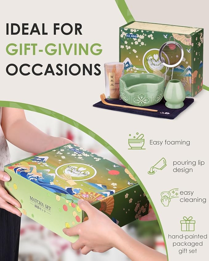 Matcha Whisk Set, Ceramic Matcha Set Includes Matcha Bowl and Matcha Whisk | Holder, Spout, Bamboo Scoop, Sifter and Tea Towel - 6 Pcs Matcha Kit Gift for Matcha Lovers Beginners