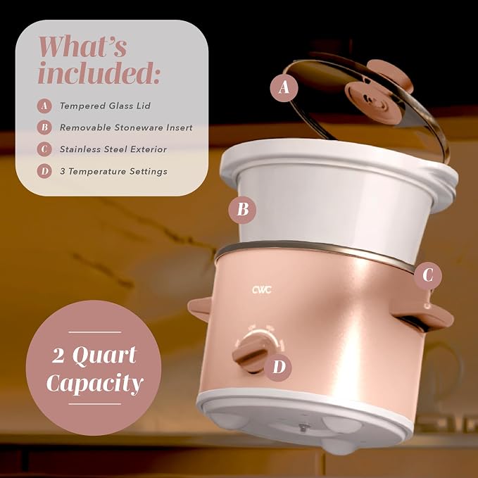 COOK WITH COLOR 2QT Mini Electric Round Slow Cooker - Adjustable Settings, Removable Stoneware Pot, Tempered Glass Lid, Dishwasher Safe, Cool-Touch Side Handles, Dusty Rose