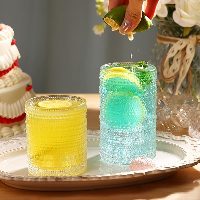 Moretoes Hobnail Drinking Glasses Set of 16, Vintage Water Glass Cups | 12 Oz Highball Glasses & 10 Oz Cocktail Glasses, Clear Embossed Boho Kitchen Bar Tumbler for Whiskey, Beer, Juice, Milk