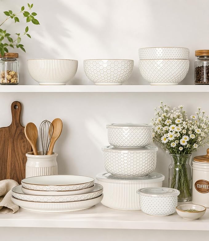 GBhome Ceramic Mixing Bowls Set of 4, Stoneware Nesting Serving Bowls | 48/30/18/10 oz For Prep, Baking, Serving, Gift, Microwave and Dishwasher Safe, Embossed Dishware Collection-Off White