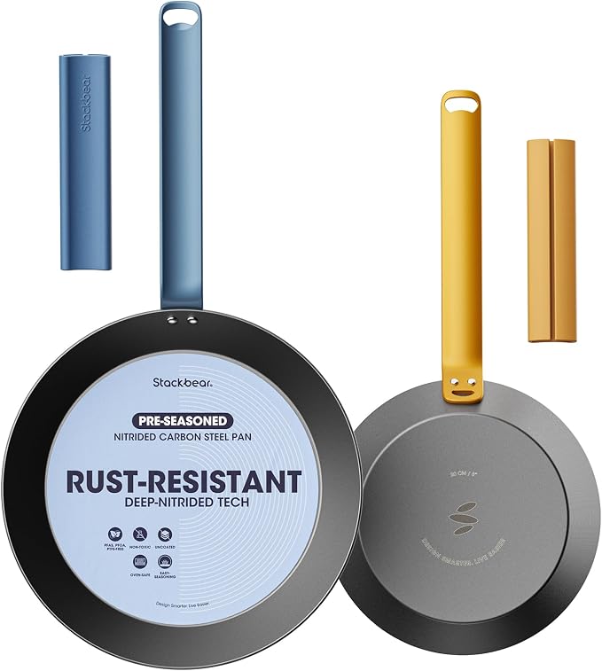 Carbon Steel Frying Pan Set, 8 & 10 Inch Nitrided Skillets | 2 Versatile Sizes for Everyday Meals; Natural Patina Builds Over Time without Chemical Coatings