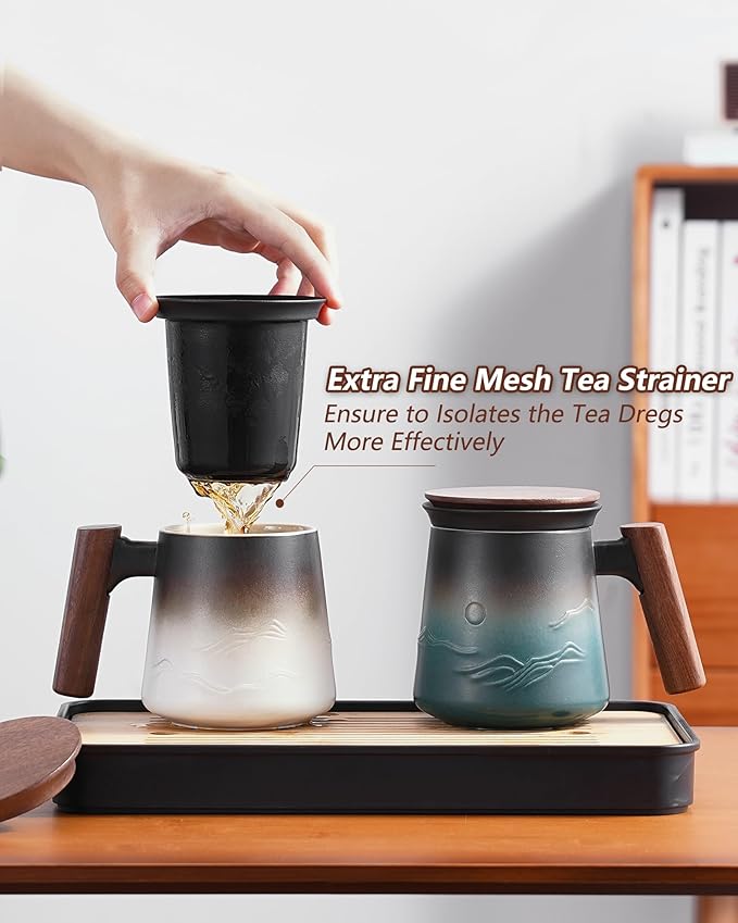 ZENS Tea Infuser Mug with Lid for Loose Tea Steeper, 14.5oz White | Embossed Ceramic Tea Cup with Infuser for Herbal Tea Difussers, Tea Lovers Gifts, Modern Organic Wood Handle