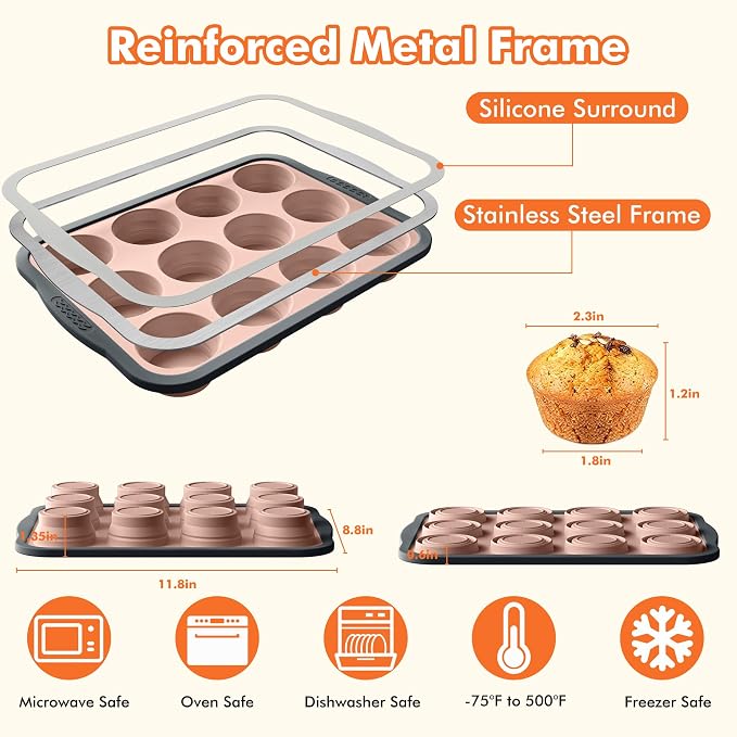 2 Pack Silicone Muffin Pan for Baking with Metal Reinforced Frame, Foldable 12 Cup Regular Size Nonstick Cupcake Pan, Muffin Tray for Baking, Dishwasher Safe Egg Bite Molds for Oven，Pink