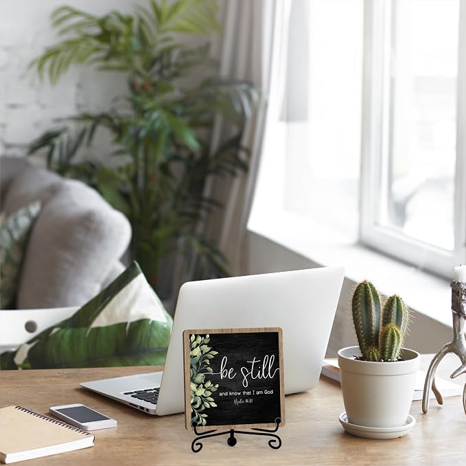 Inspirational Christian Desk Decor, Be Still And Know That I Am God Sign, Desk Decorations For Office Home Living Room Bathroom, Eucalyptus Shelf Decor, Wooden Plaque With Stand (02)