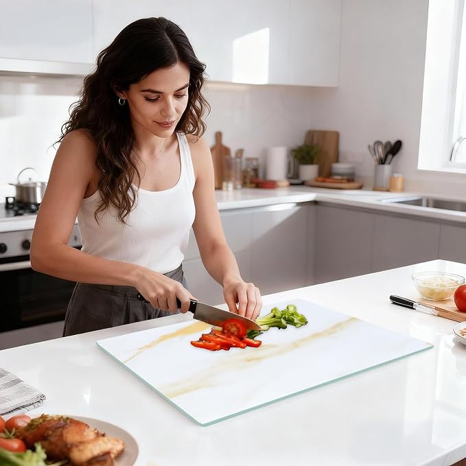 Murrey Home Glass Cutting Board for Kitchen Counter, Tempered Glass Chopping Boards Dishwasher Safe, Small Clear Countertop Tray, Scratch Resistant, Heat Resistant, Non Toxic, Gold Marble, 20"x16"