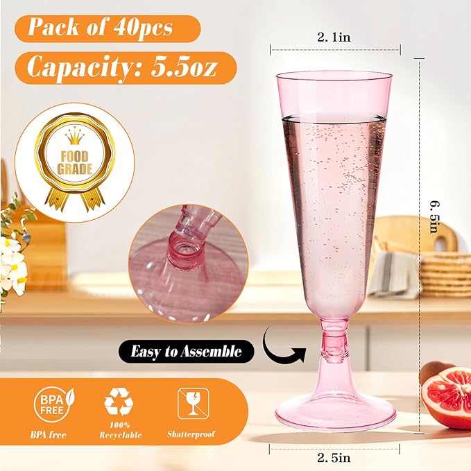 GuanQiao 100 Pack Pink Plastic Champagne Flutes, 5.5 Oz Clear Disposable Plastic Champagne Glasses, Wine Glasses Cups for Wedding Celebration Birthday Party Wine Tasting New Years Eve Party Supplies