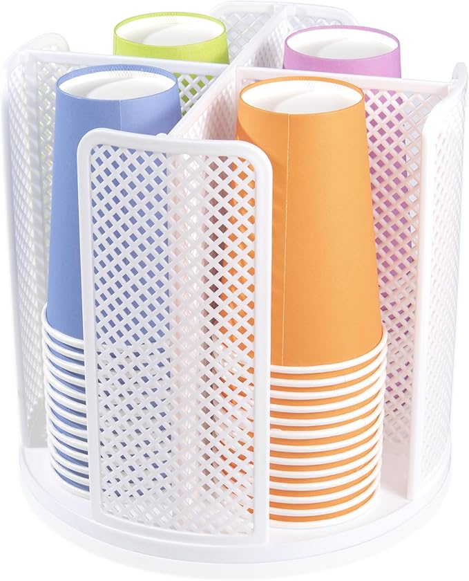 Rotating Paper Cup Dispenser, Cup Holder with 4 Compartments, Disposable Coffee Cup Dispenser Removable, Plastic Cup Storage & Lid Holder for Countertops, Kitchen, Coffee Stations (White)