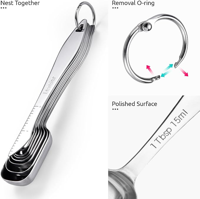 U-Taste Narrow Square Measuring Spoons, Metal Measure Set of 8 with Leveler | Long Handle Rectangular Teaspoon Tablespoon, 18/8 Stainless Steel Polygons Measure Spoon Set, Narrow Scoop for Spice Jars
