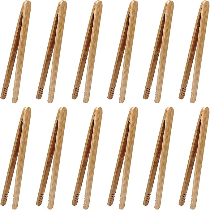 12 Pcs Bamboo Tongs 7 Inch Bamboo Toast Tongs for Serving Pickle Muffin, Cheese Fruits Salad, Toast & Bread