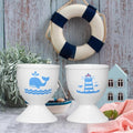 Cinf Ceramic Egg Cups, 2 Pack, Lighthouse Whale Holders for Boiled Eggs | 2 ceramic egg cups lighthouse whale pattern, stable and easy to clean, for boiled eggs and breakfast tables