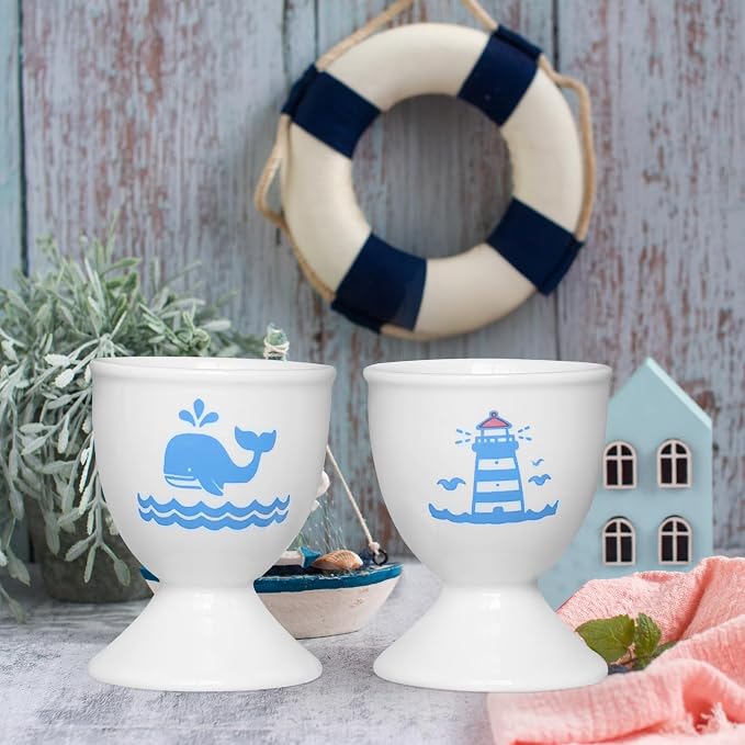 Cinf Ceramic Egg Cups, 2 Pack, Lighthouse Whale Holders for Boiled Eggs | 2 ceramic egg cups lighthouse whale pattern, stable and easy to clean, for boiled eggs and breakfast tables