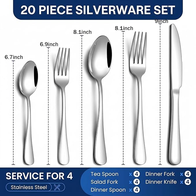 SIAKA 20-Piece Silverware Set, Stainless Steel Flatware Set Service for 4, Food Grade Cutlery Utensil Set for Home Restaurant, Include Knife Forks Spoons Set, Mirror Polished Dishwasher Safe