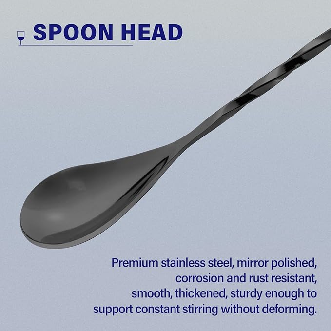Bar Spoon Cocktail Mixing Stirrers, 2Pcs, 12” with Round Base, Black | 18/8 Stainless Steel, Long Handle, Flat Base for Tabletop Standing, Stirrer & Muddler for Coffee & Drinks