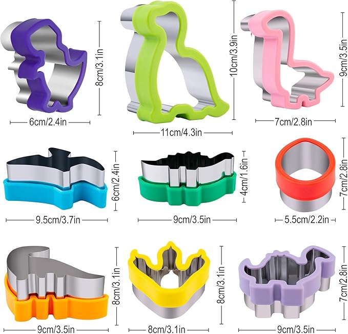 Nifogo Dinosaur Cookie Cutters 9 Pcs | Dino Shapes, Dinosaur Theme Birthday Party, Stainless Steel, for Kids DIY Kitchen Baking