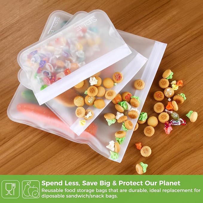 SPLF 12 Pack Dishwasher Safe Reusable Food Storage Bags, White | BPA Free Freezer Bags Leakproof Silicone and Plastic Free Lunch Bags Fridge Organization - 5 Sandwich 5 Snack 2 Gallon