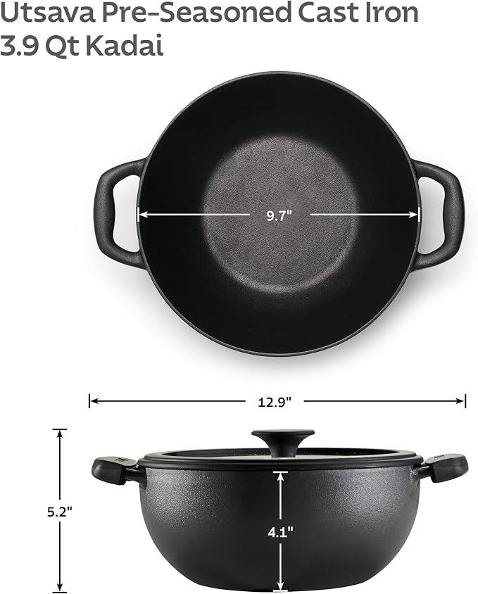Tramontina Utsava Pre-Seasoned Cast Iron 3.9-Quart Kadai with Lid | Kadhai Pot for Indian Cooking