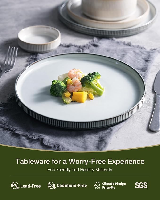 Famiware Star Stoneware Dinnerware Set, Reactive Glaze Plates & Bowls for 4 | 12-Piece Handmade Ribbed Dishes, Chip & Scratch Resistant Ceramic. Microwave & Dishwasher Safe, Rustic Modern, White & Blue