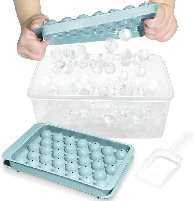 Ice Cube Tray with Lid and Bin, 0.8" Round Ice Trays for Freezer | 2 Blue Ice Cube Trays with Ice Box & Scoop, 0.8" Round Ice Balls for Iced Coffee & Juice, Easy Twist Release, For Gatherings