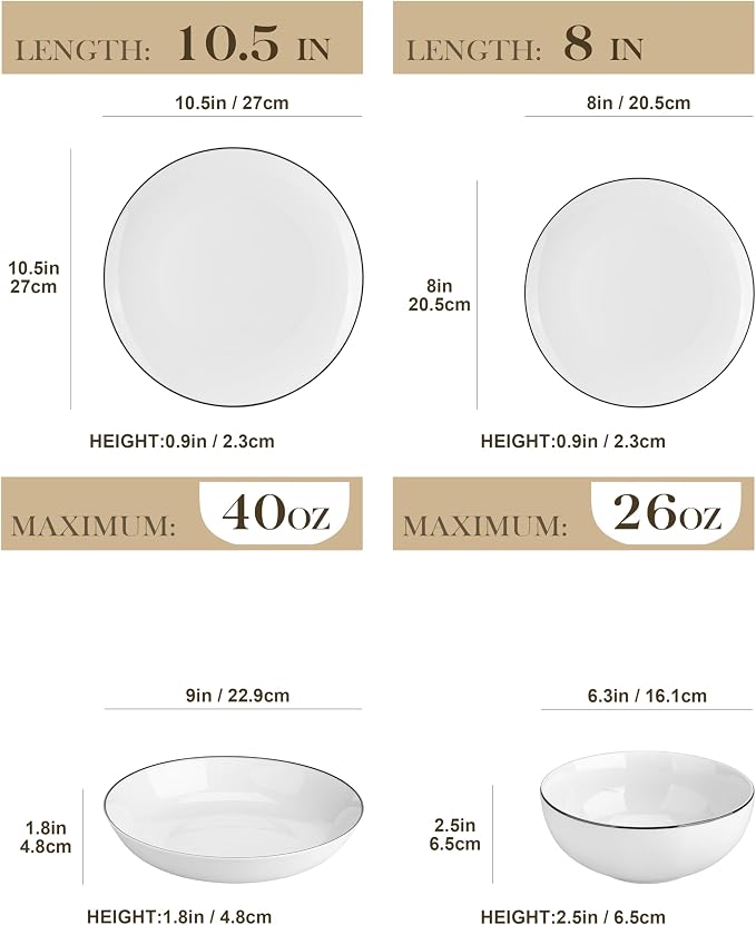 MALACASA 24-Piece Porcelain Dinnerware Set, with Black Rim Dish Set for 6 | Modern White Serving Plates and Bowls Sets for Dessert, Salad, Soup, Pasta, Microwave & Dishwasher Safe - Series AMELIA