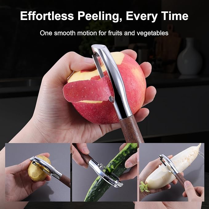 Premium Vegetable Peeler, Stainless Steel Potato Peeler with Ergonomic Wood Handle, Sharp Veggie Peeler for Potatoes, Carrots, Fruits & Cabbage, Professional Peeler for Kitchen (Y+I Set)