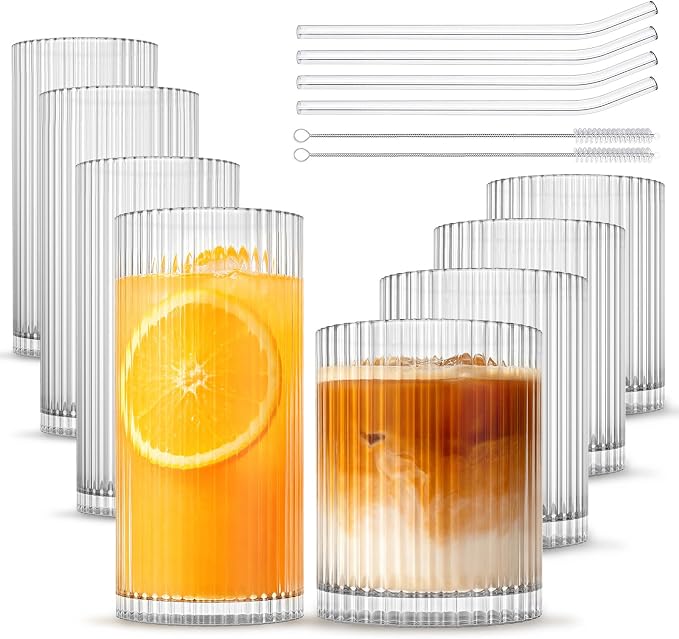 INSETLAN Set of 8 Vintage Glassware - 4 Highball Glasses 12 oz, 4 Rocks Glass Cups 14 oz, Ribbed Glassware Cocktail Glasses, Ideal for Wine, Juice, Water, Ice Coffee Cup, Whiskey, Mixed Drinkware