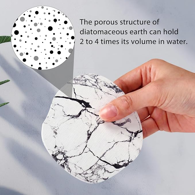 Diatomaceous Earth Coasters Set of 8，Cool Absorbent Quick-Dry Drink Coasters for Desks, Cute Modern Stone Design with Stylish Grey Aesthetic (8, Marble White)