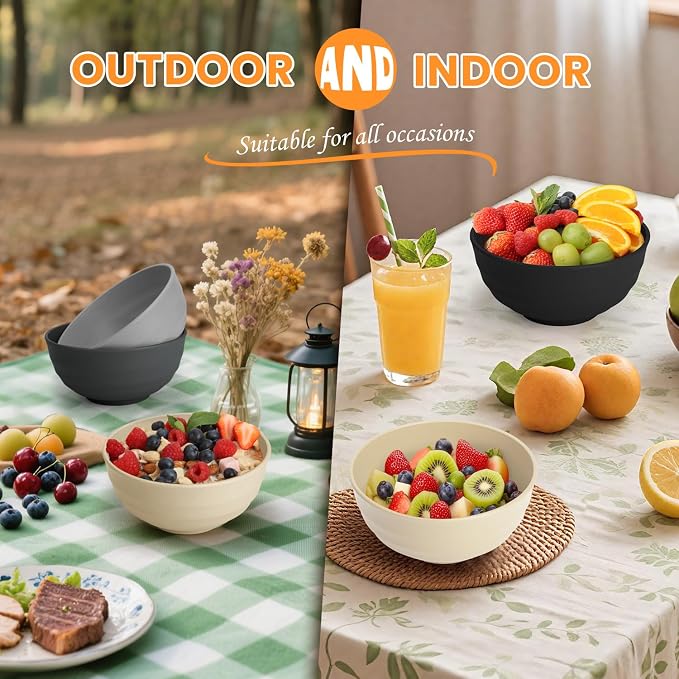 Salad Bowl Wheat Straw Bowls 60 OZ Bowls for Kitchen,Large Bowls for Camping,Travel,Party, Unbreakable Bowls Set of 8,Microwave and Dishwasher Safe Dishes for Cereal,Ramen,Soup-Grey Stone