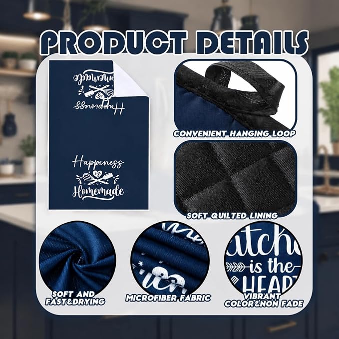 Sratte 6 Pcs Kitchen Decor Accessories Set, Kitchen, Blue | Farmhouse Kitchen Towels Pot Holders Oven Mitts Set 2 Dish Towels 2 Potholders 2 Cooking Mittens for Baking Cooking Supply