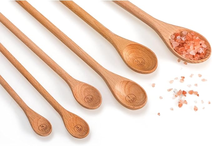 Wooden Measuring Spoons Set of 6, 10 inch, Long Handle | Beechwood, 1/8 TSP, 1/4 TSP, 1/2 TSP, 1 TSP, 1/2 tbsp & 1 tbsp, For Measuring Dry Ingredients, For Cooking Baking