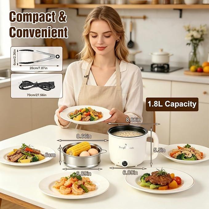Electric Hot Pot with Steamer, 1.8L Mini Portable Hot Pot with 300W&600W Dual Power for Egg Ramen Oatmeal Soup Noodles, Overheat Protection for College Dorm Room Essential
