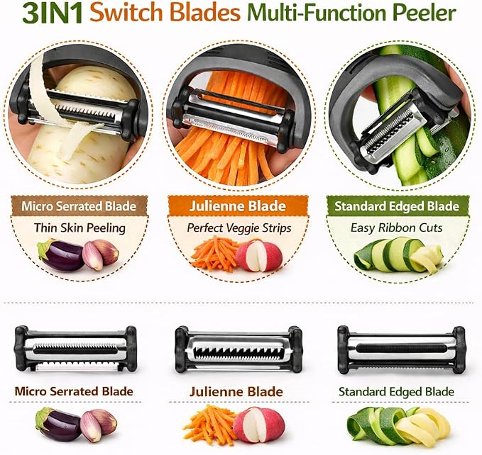 Peel 3X Faster Vegetable Peeler Set (3-Piece) – Ultra-Sharp Stainless Steel Y Peeler, Julienne & Swivel Peeler – Non-Slip Ergonomic Handle for Potatoes, Carrots, Apples