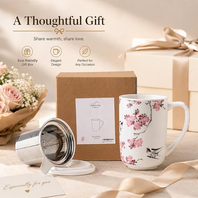 AmorArc Tea Cup With Infuser and Lid, 18oz Loose Leaf Tea Mug With Steeper | Porcelain Tea Mug With Infuser and Lid, Large Strainer Tea Cup with Lid for Tea, Coffee Mug for House-warming Birthday Gift