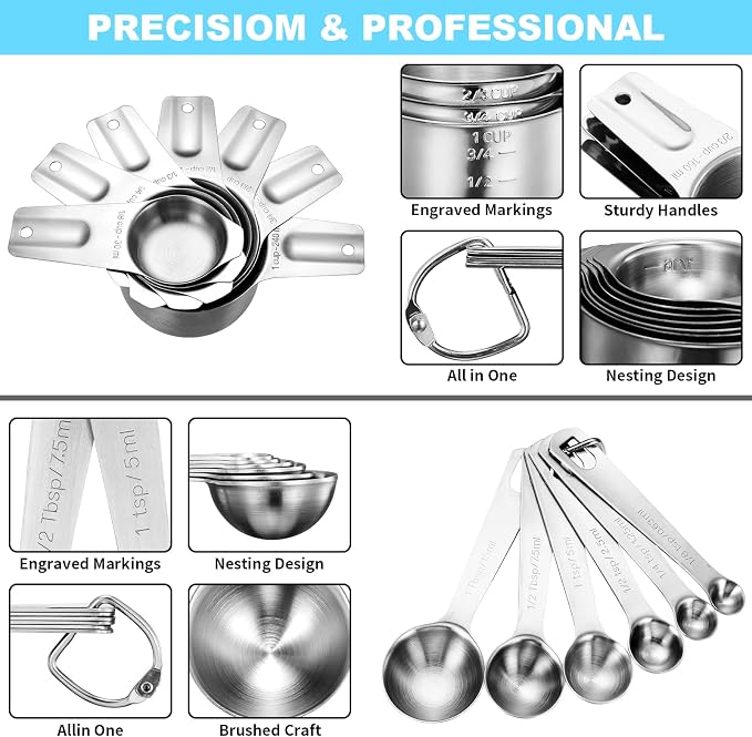 AIKEXIN 20 PCS Measuring Cups & Spoons Set, for Cooking & Baking Gadgets | 18/10 Stainless Steel, Metal Material | Nesting, Stackable Design | Dry & Liquid | Plastic | Leveler, Conversion Chart