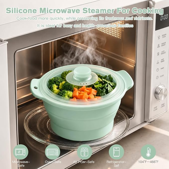 42oz Silicone Microwave Food Steamer with Steam Basket, Collapsible Steamer for Cooking Vegetable, Seafood, Dumplings, Rice Cooker, BPA Free Small Steam Pot with Handle & Lid, Dishwasher Safe (Green)